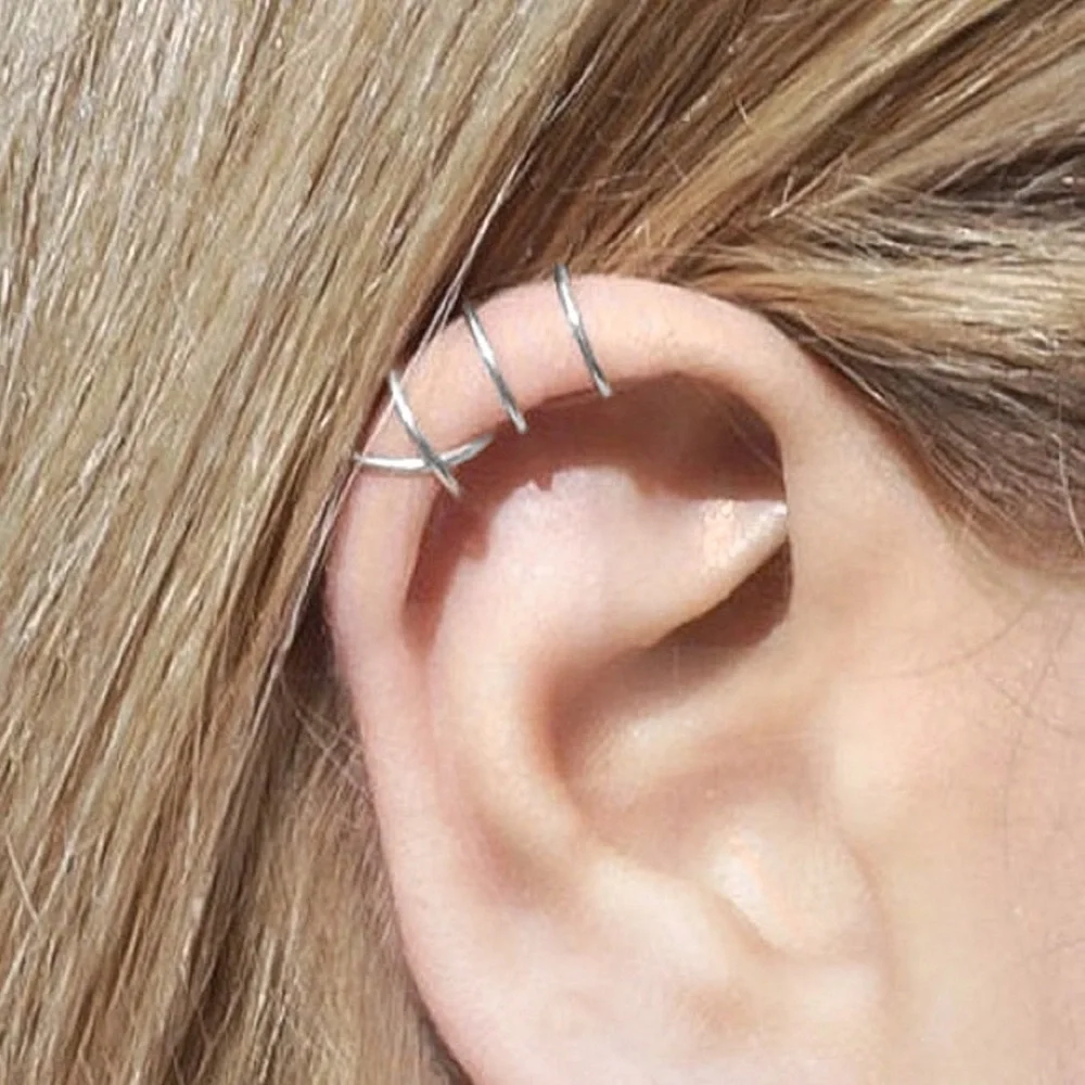 Any 2/$20! Set of 4 Silver Ear Cuffs: 2 Crossed & 2 Bar Ear Cuff Earrings - Picture 3 of 6
